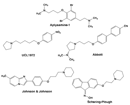 Examples of non-imidazole-derived H3 antagonists: Aplysamine-1, UCL-1972, Abbott(A-10749).