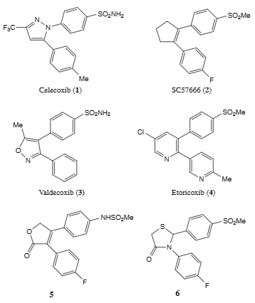 Representative examples of selective COX-2 inhibitors: Celecoxib, SC57666, Valdecoxib, Etoricoxib.