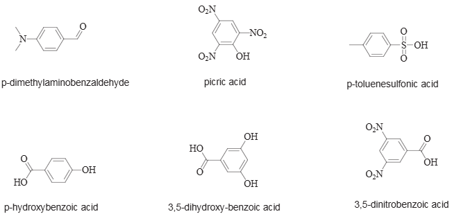 The building blocks discussed in this paper: p-dimethylaminobenzaldehyde, picric acid, p-toluenesulfonic acid, p-hydroxybenzoic acid, 3,5-dihydroxy-benzoic acid, 3,5-dinitrobenzoic acid.