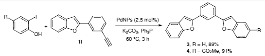 Coupling reactions between 2-(3-ethynylphenyl)benzofuran (1i) and iodophenols