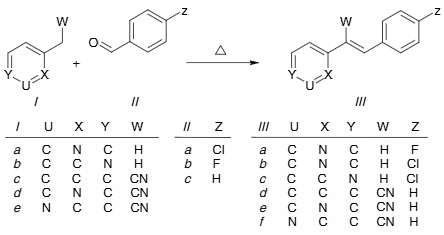 Synthesis of (E)-2-(4-fluorostyryl)pyridine IIIa, (E)-2-(4-chlorostyryl)pyridine IIIb, (E)-4-(4-chlorostyryl)pyridine IIIc, 2,3-diphenylacrylonitrile IIId, 3-phenyl-2-(pyridin-2-yl)acrylonitrile IIIe, and 3-phenyl-2-(pyridin-3-yl)acrylonitrile IIIf.